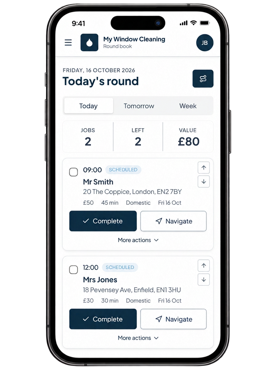 Window Cleaning Management System dashboard on a phone
