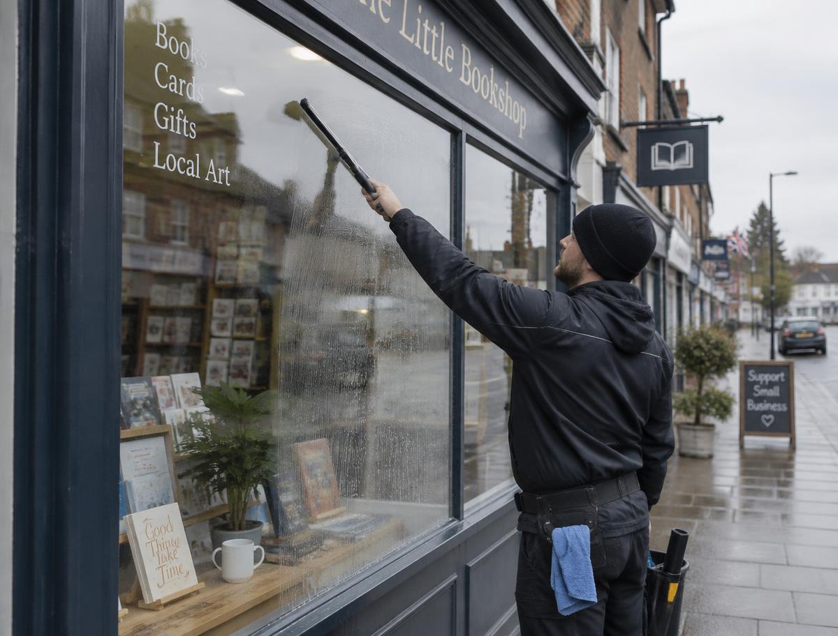 Window cleaner at work on a shopfront